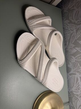 CROCS Women’s White Slide Sandals with Rhinestone Straps